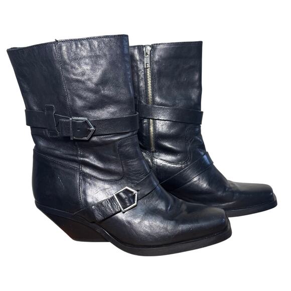 ZARA Black Leather Tall Buckle Boots | Square Toe Wedge Heel | Size 39 (US 8.5 - Picture 4 of 8